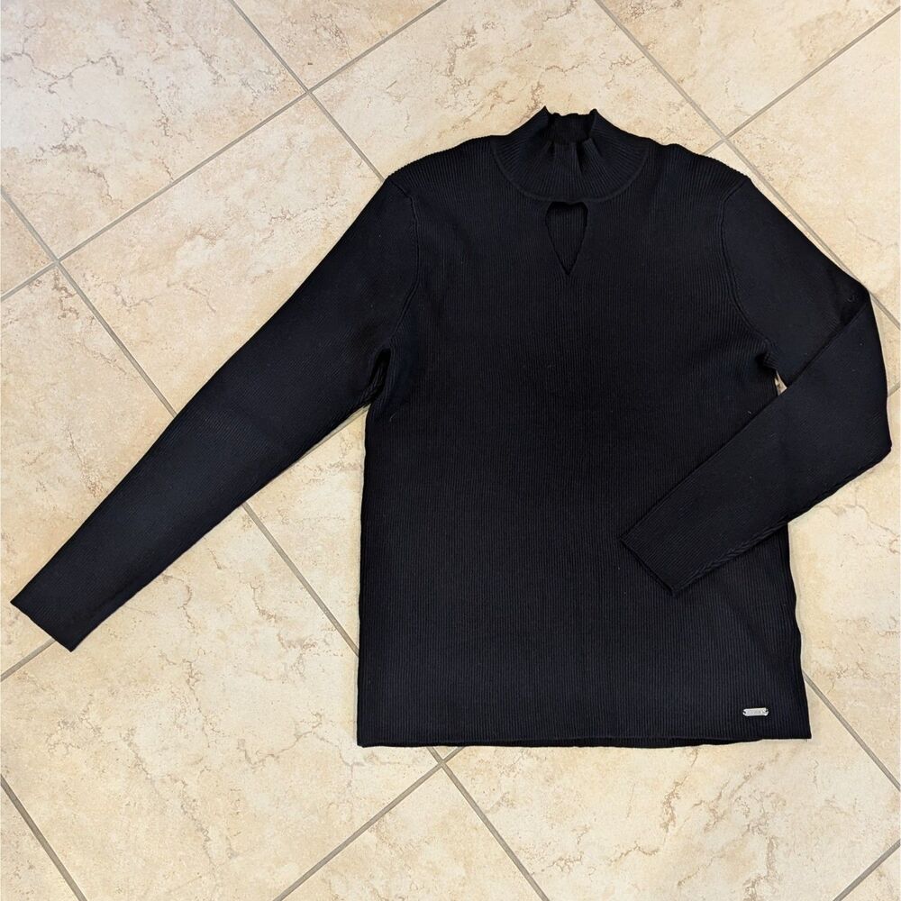 Calvin Klein Sweater Womens XL Black Knit Mockneck Ribbed Keyhole Casual